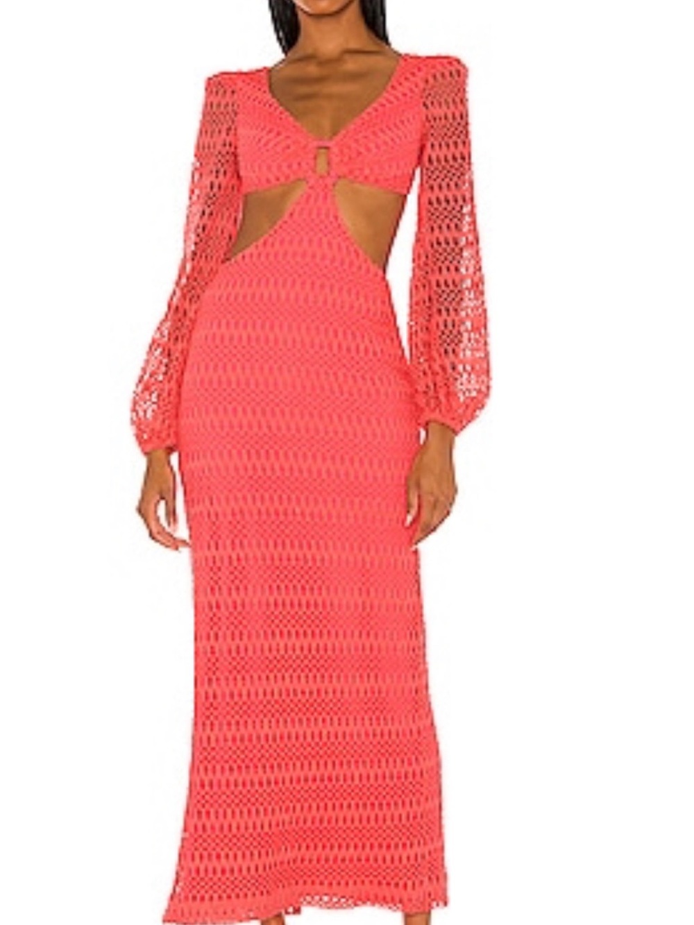 PATBO Crochet Cut Out Maxi Dress | Neon Coral | Size 8